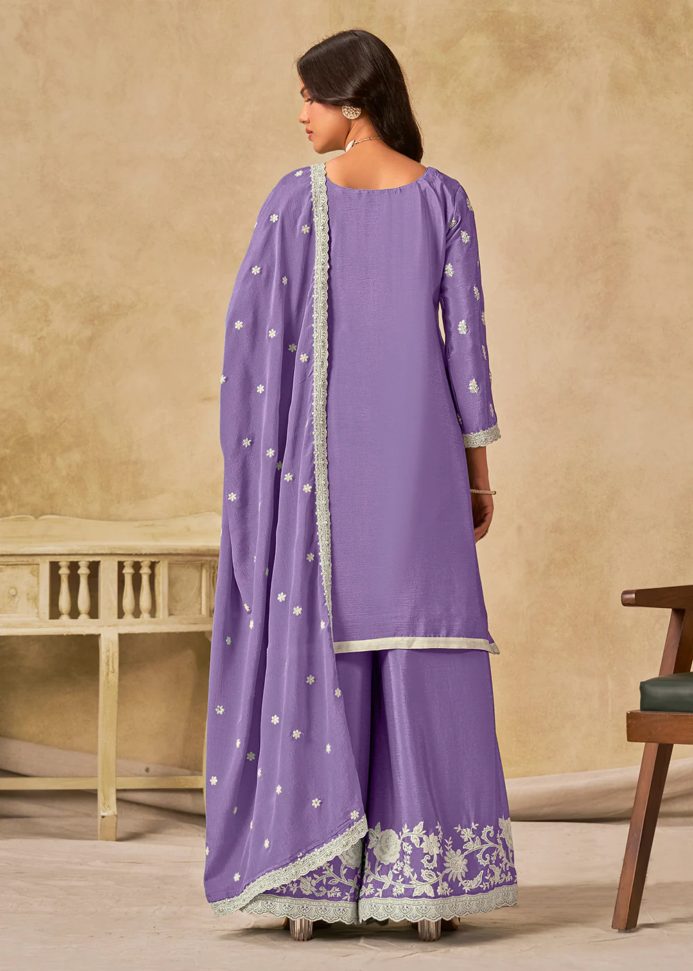 Pleasing Lavender Chinnon Silk Palazzo Style Suit - Image 2