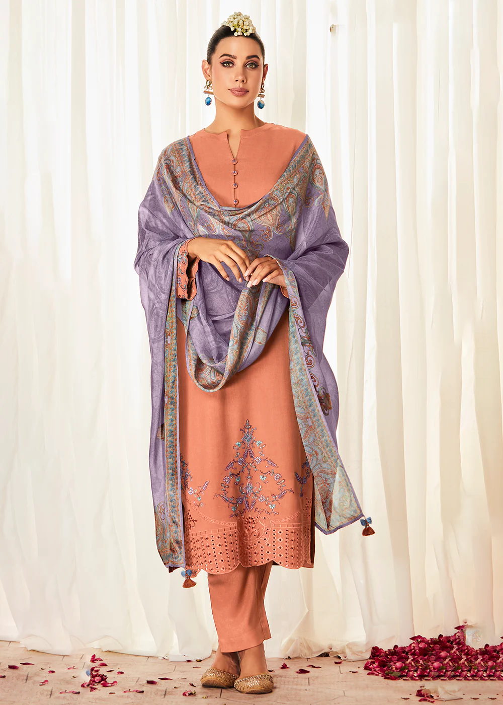 Pleasing Orange Suzani Inspired Embroidered Ethnic Salwar Suit - Image 3