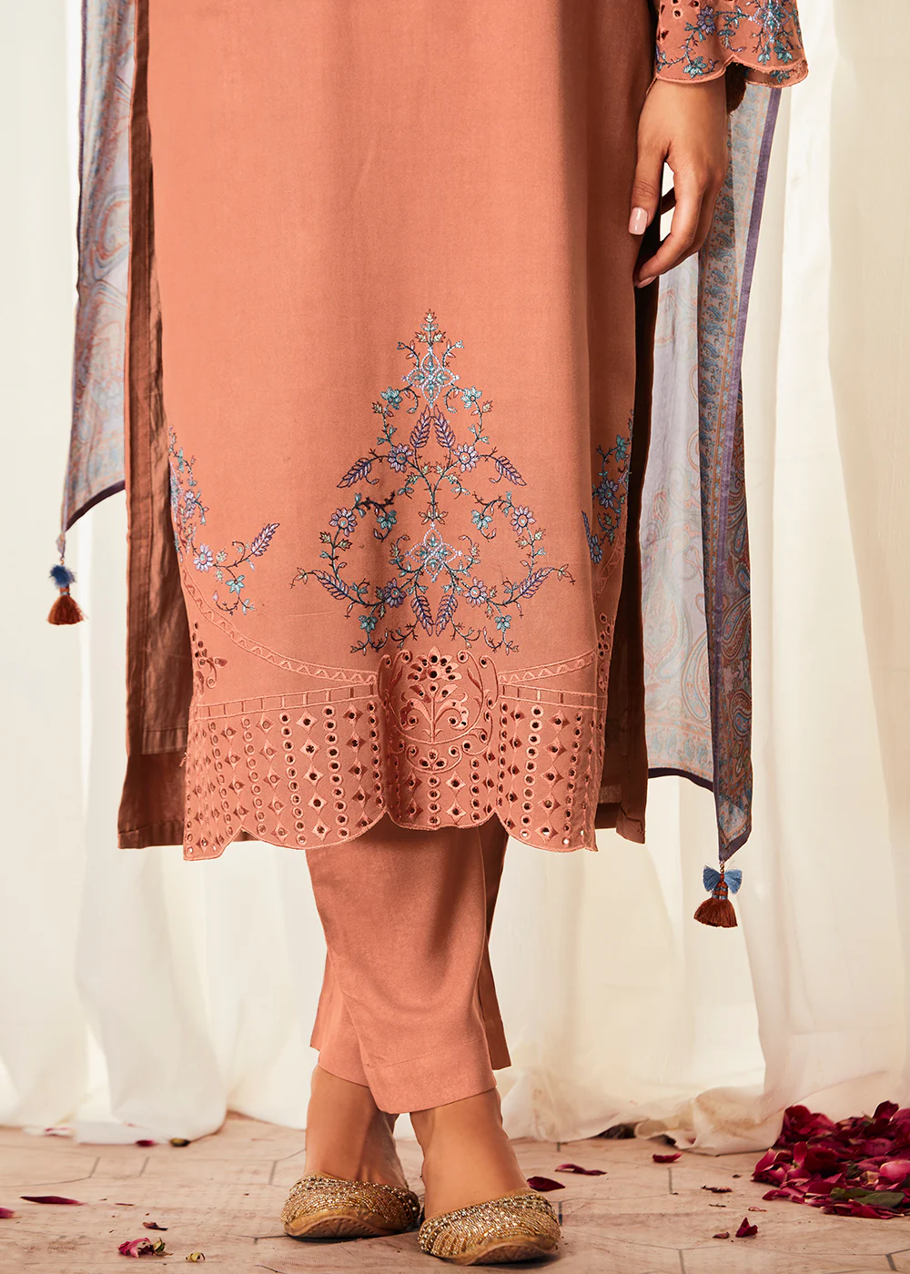 Pleasing Orange Suzani Inspired Embroidered Ethnic Salwar Suit - Image 4