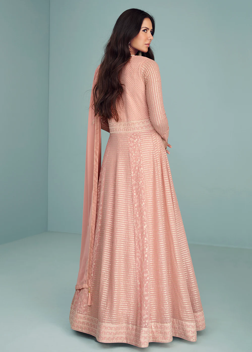 Pleasing Peach Georgette Embellished Wedding Anarkali Suit - Image 3