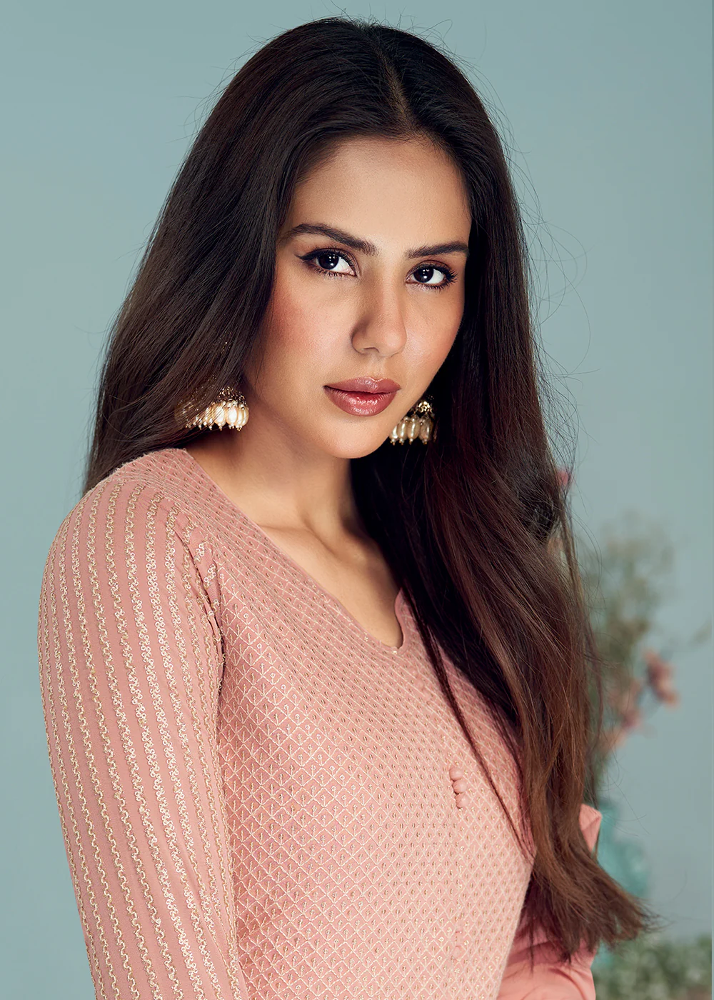 Pleasing Peach Georgette Embellished Wedding Anarkali Suit - Image 4