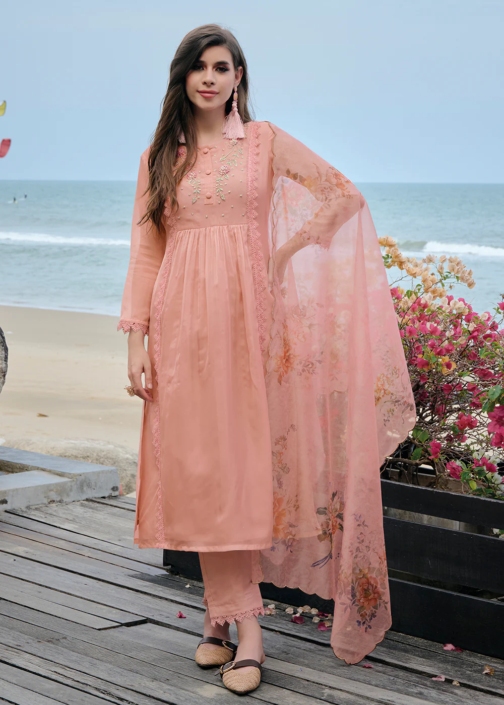 Pleasing Peach Organza Khatli Hand Work Salwar Kameez