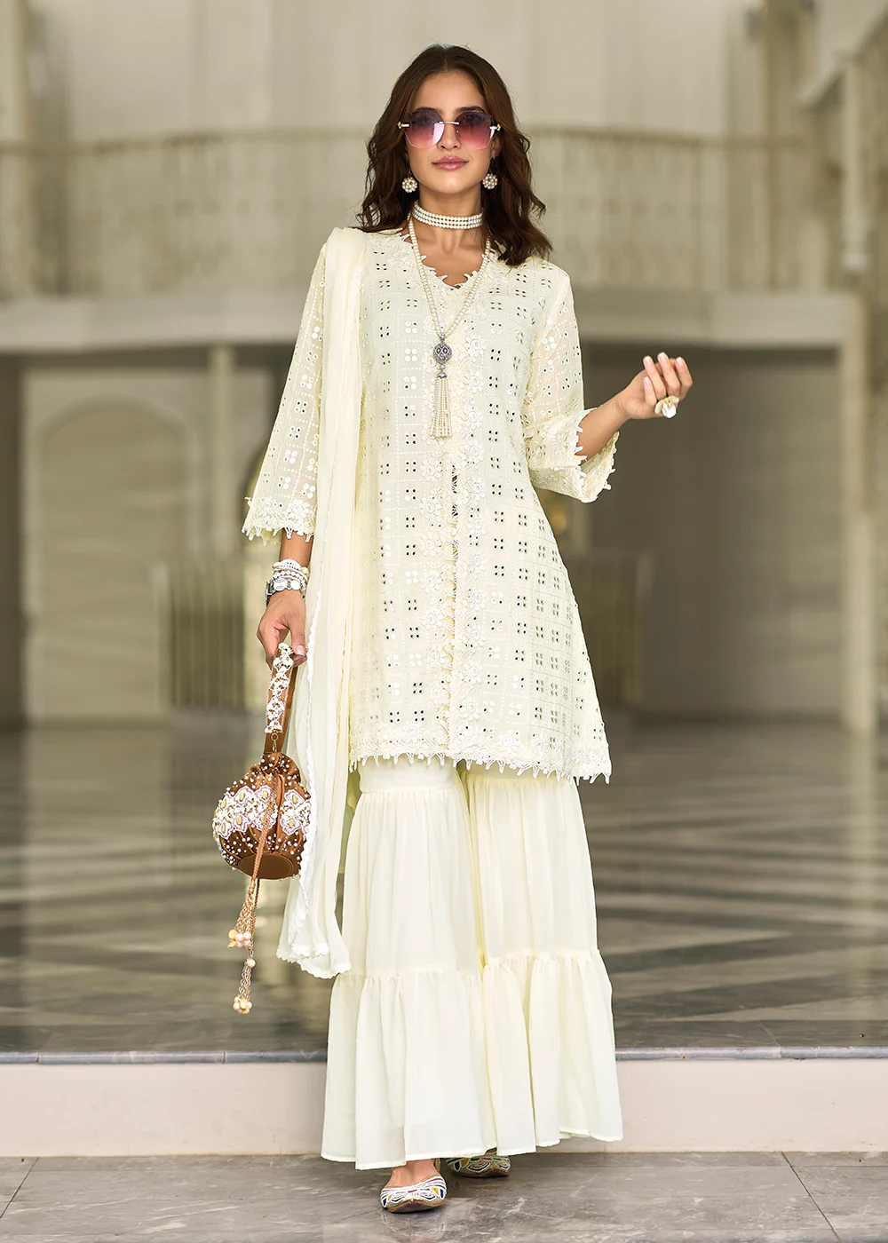 Pleasing Off White Fancy Embroidered Festive Gharara Suit - Image 3