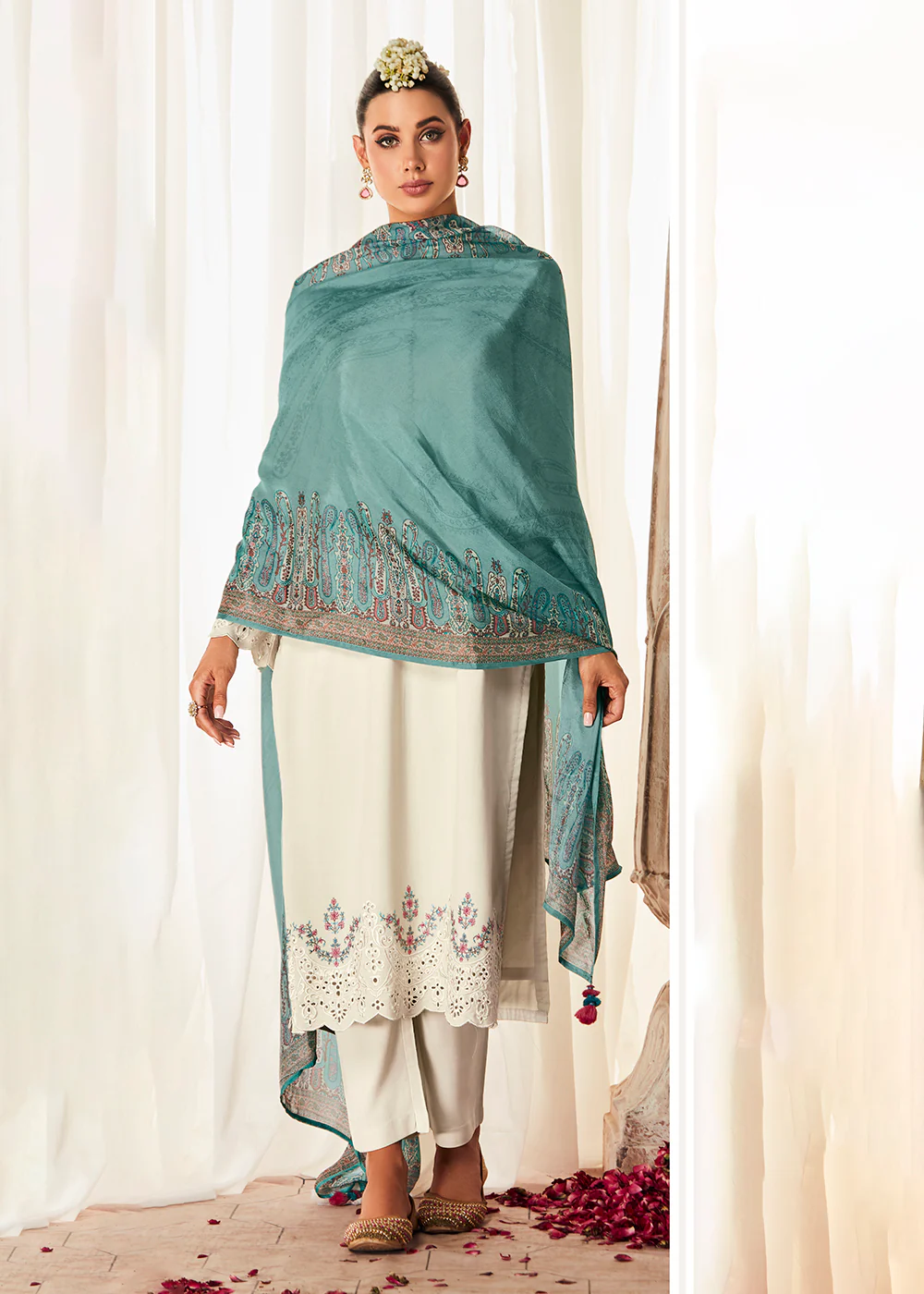 Pleasing White Suzani Inspired Embroidered Ethnic Salwar Suit - Image 3
