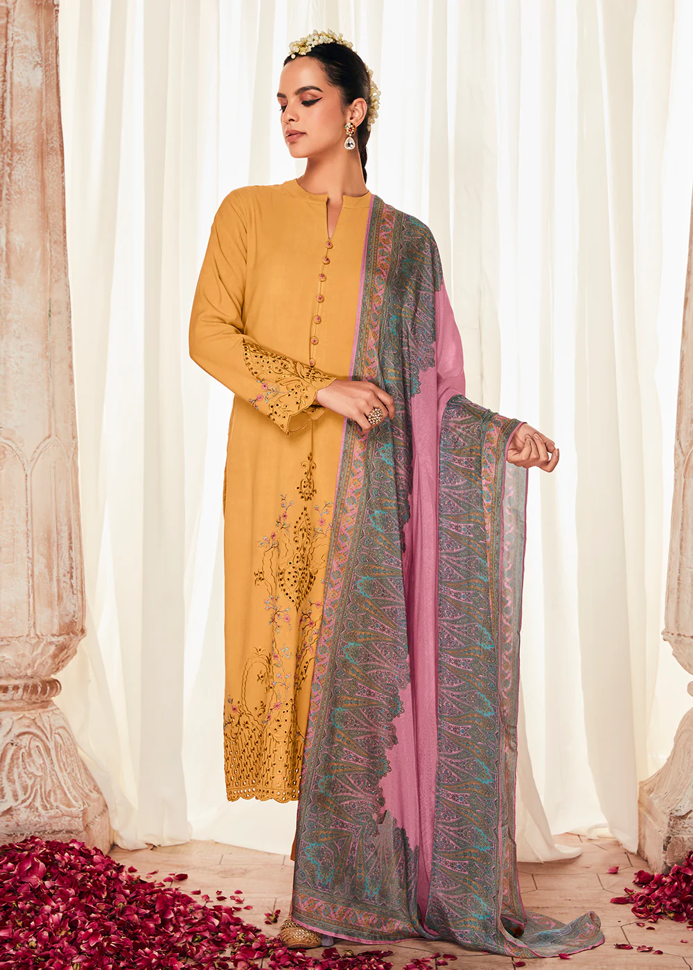 Pleasing Yellow Suzani Inspired Embroidered Ethnic Salwar Suit