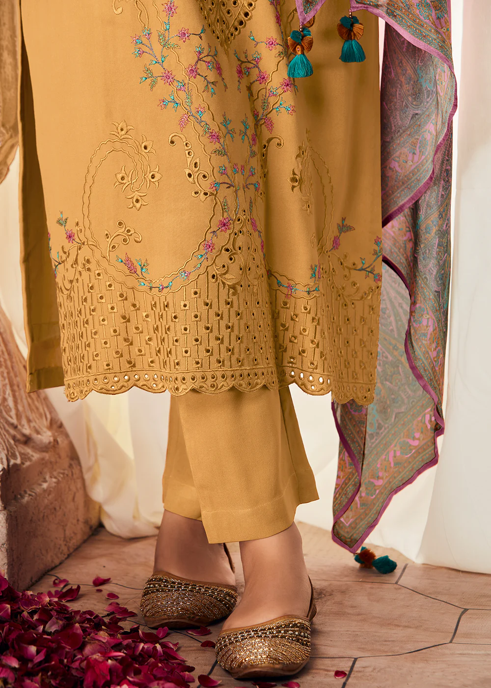 Pleasing Yellow Suzani Inspired Embroidered Ethnic Salwar Suit - Image 3
