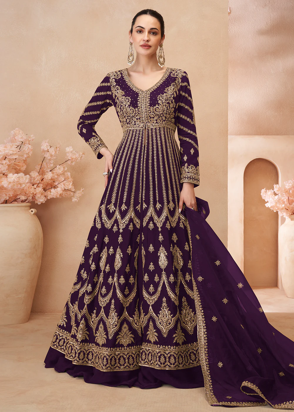 Plum Embroidered Slitted Skirt Style Anarkali Suit