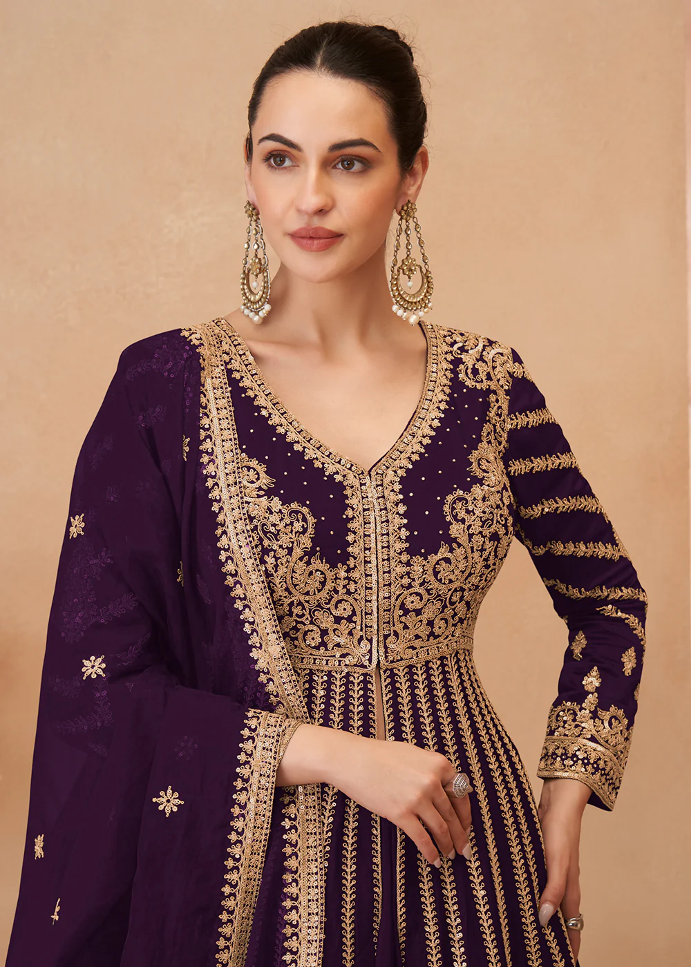 Plum Embroidered Slitted Skirt Style Anarkali Suit - Image 2