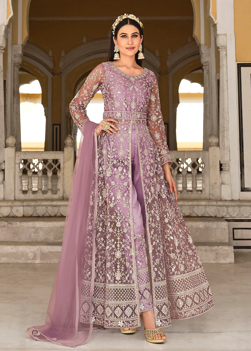 Plum Lavender Skirt & Pant Style Designer Anarkali Suit - Image 3
