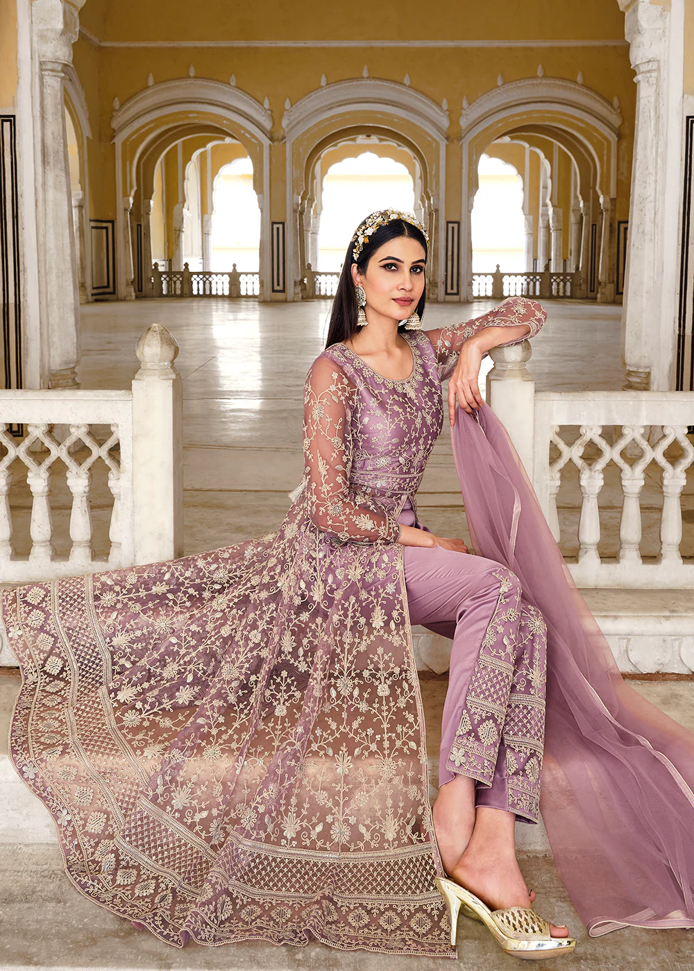 Plum Lavender Skirt & Pant Style Designer Anarkali Suit - Image 4