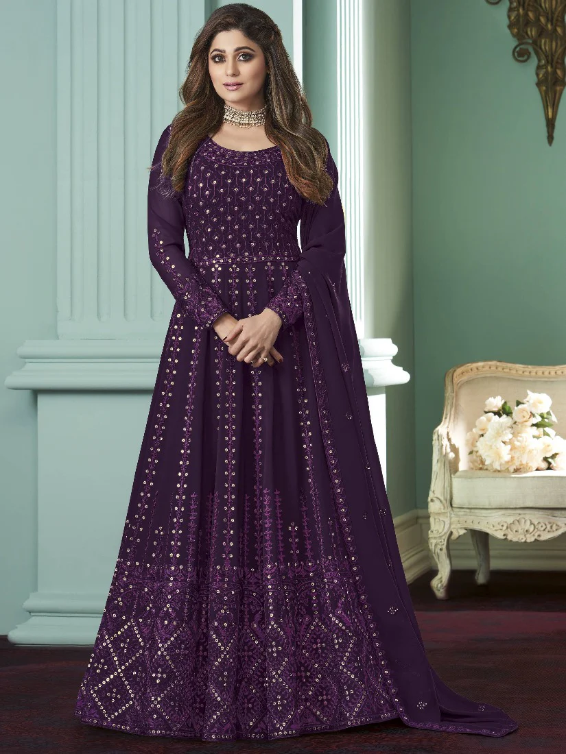 Plum Purple Anarkali Gown Featuring Shamita Shetty