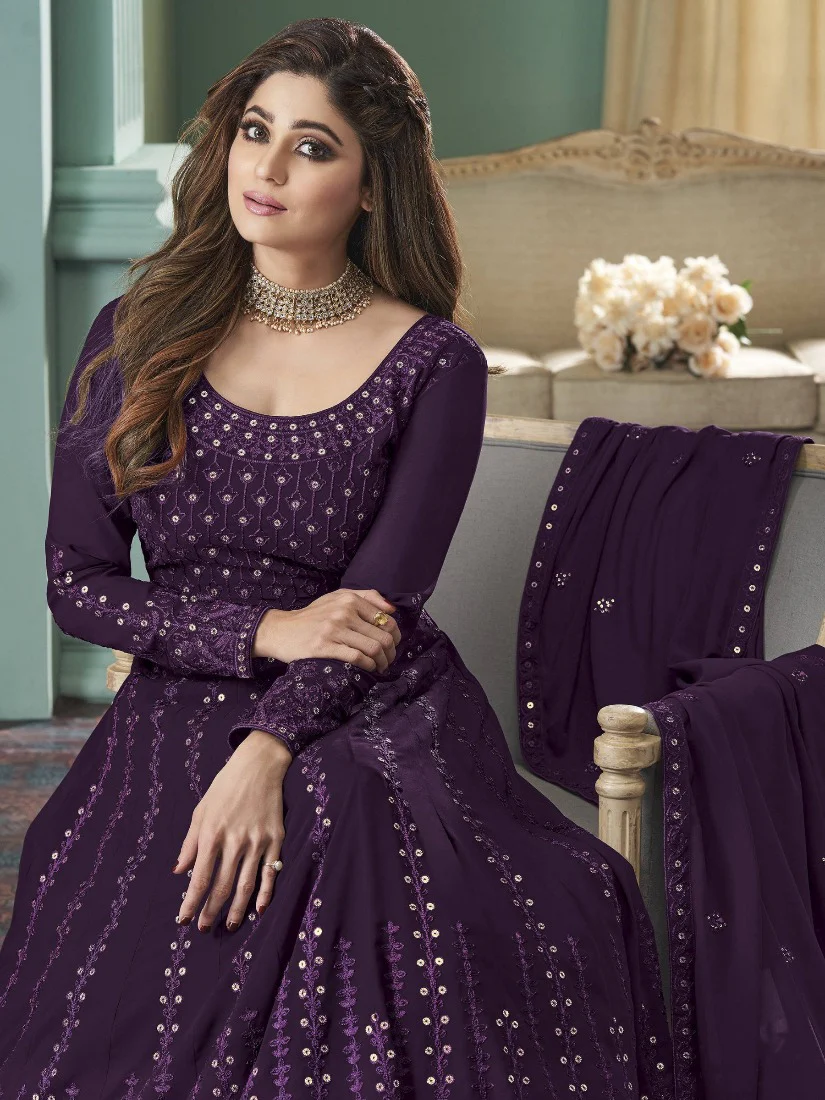 Plum Purple Anarkali Gown Featuring Shamita Shetty - Image 2