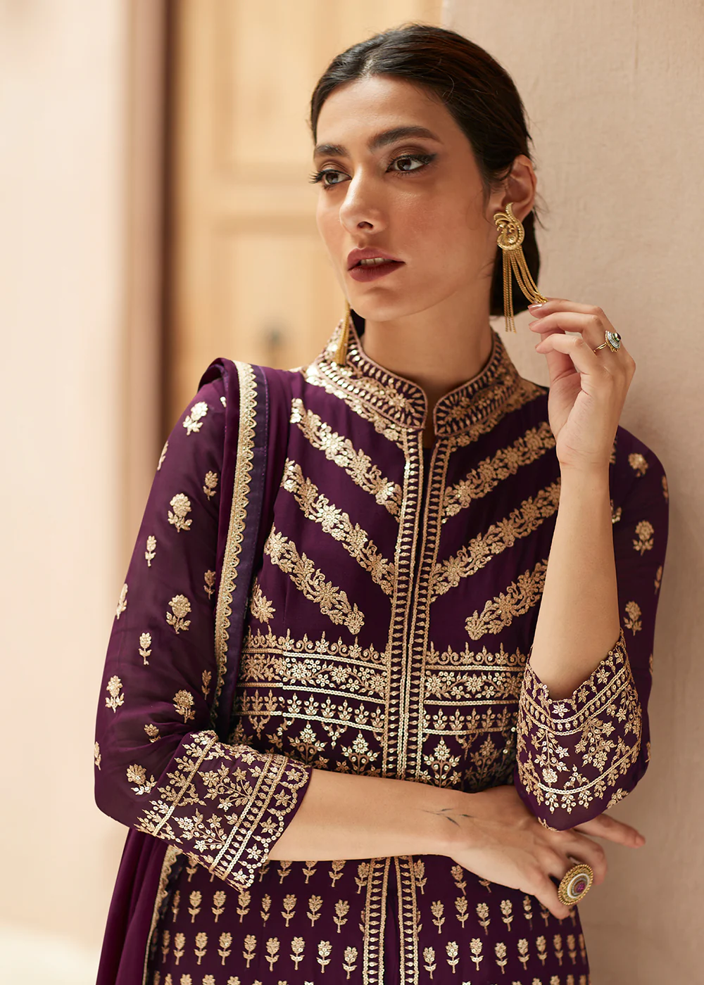Plum Purple Anarkali Style Front Slit Palazzo Style Suit - Image 2
