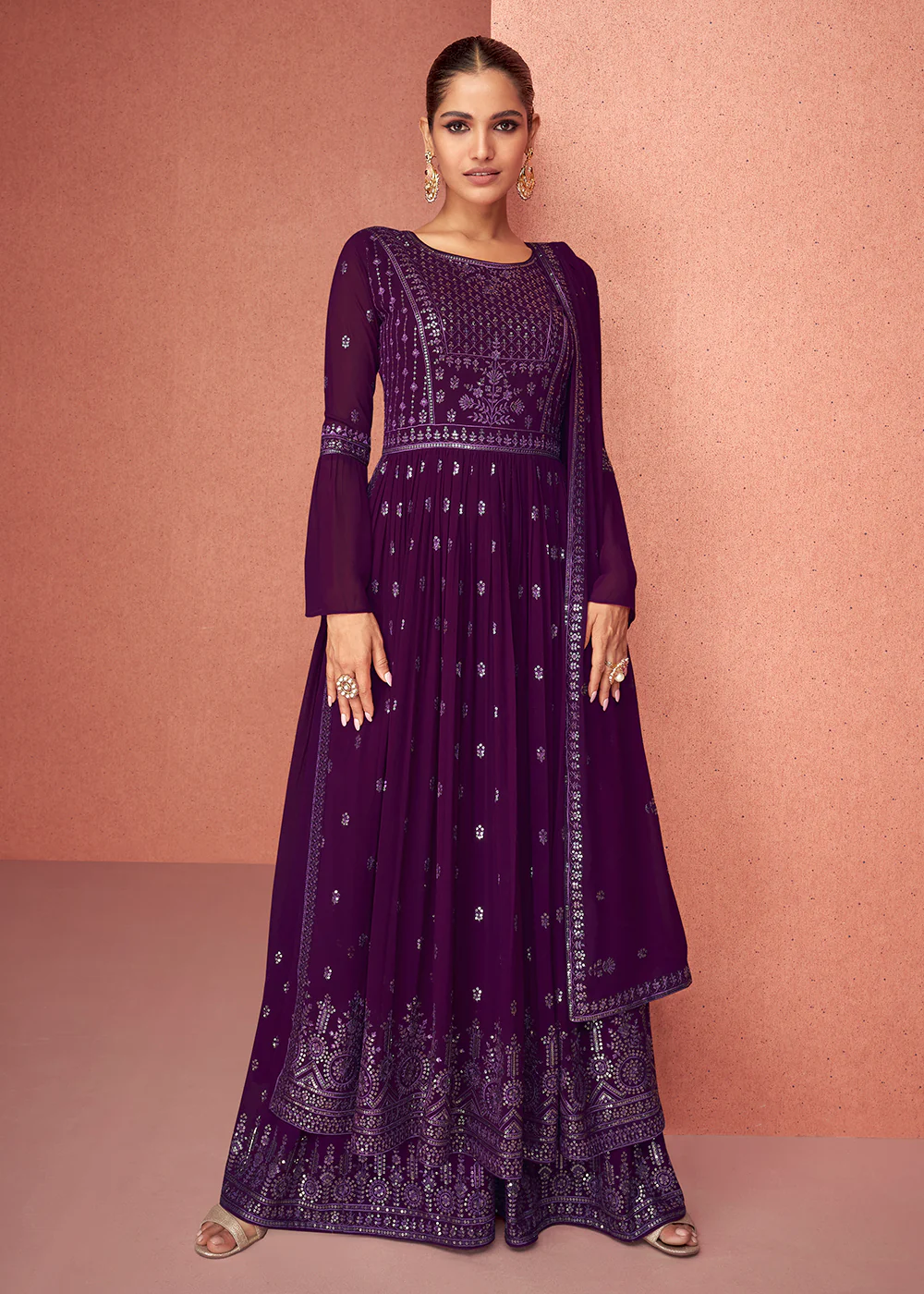 Plum Purple Anarkali Style Georgette Embellished Palazzo Suit