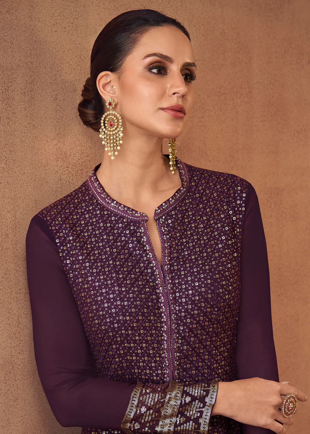 Plum Purple Anarkali Style Georgette Slit Lehenga Skirt Suit - Image 2