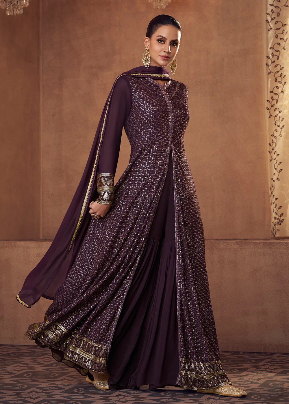 Plum Purple Anarkali Style Georgette Slit Lehenga Skirt Suit - Image 4