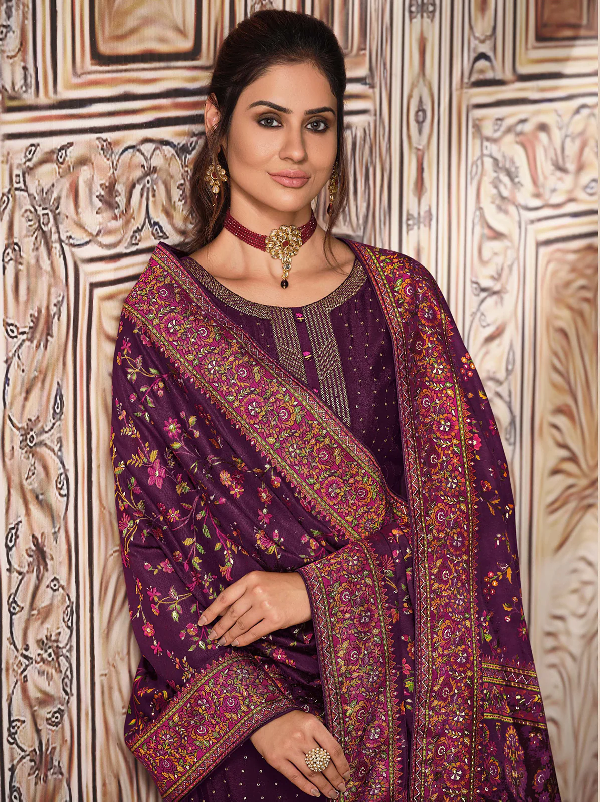 Plum Purple Chinnon Sequins Embroidered Pant Style Suit - Image 2