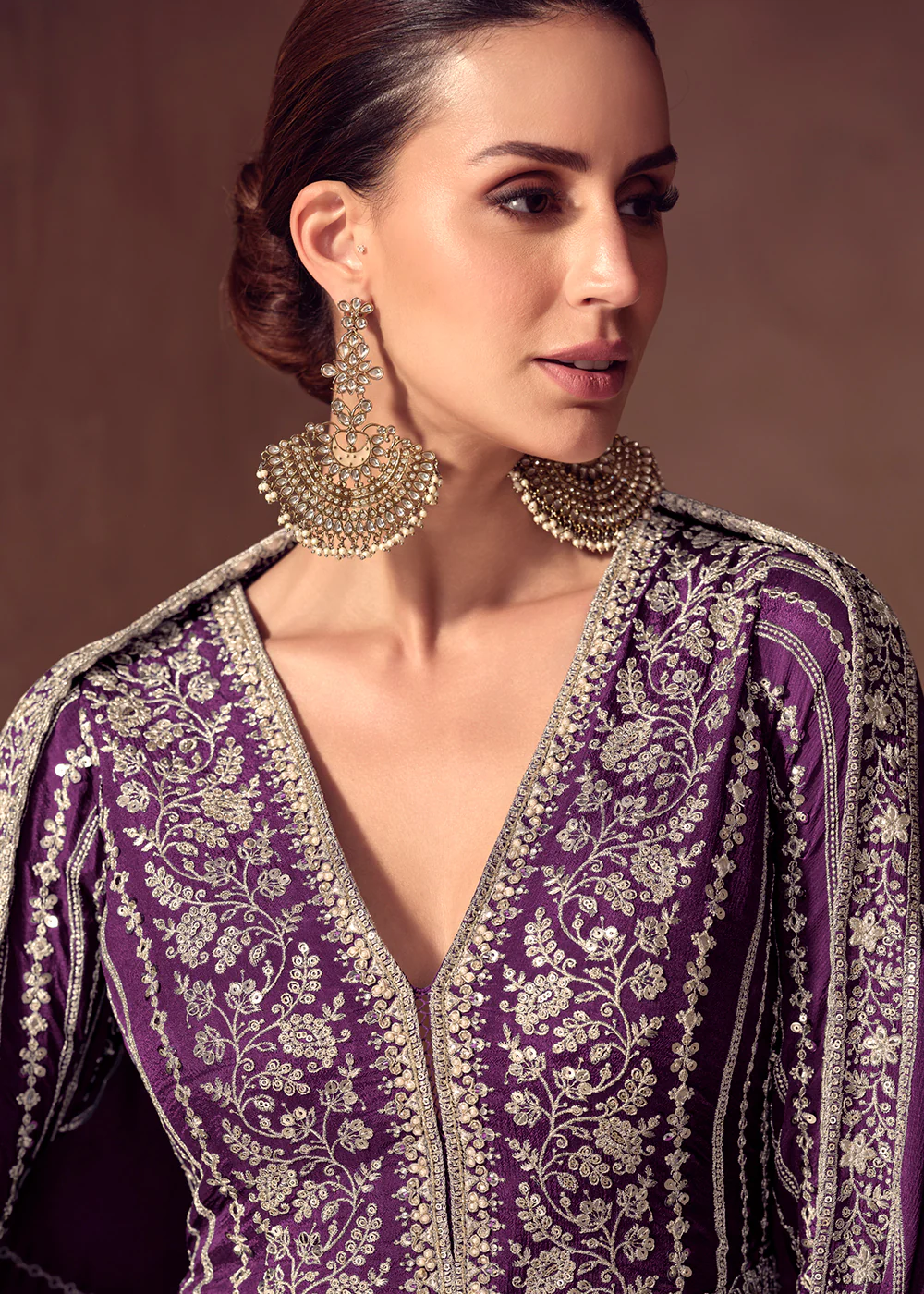Plum Purple Chinnon Wedding Style Anarkali Gown - Image 2