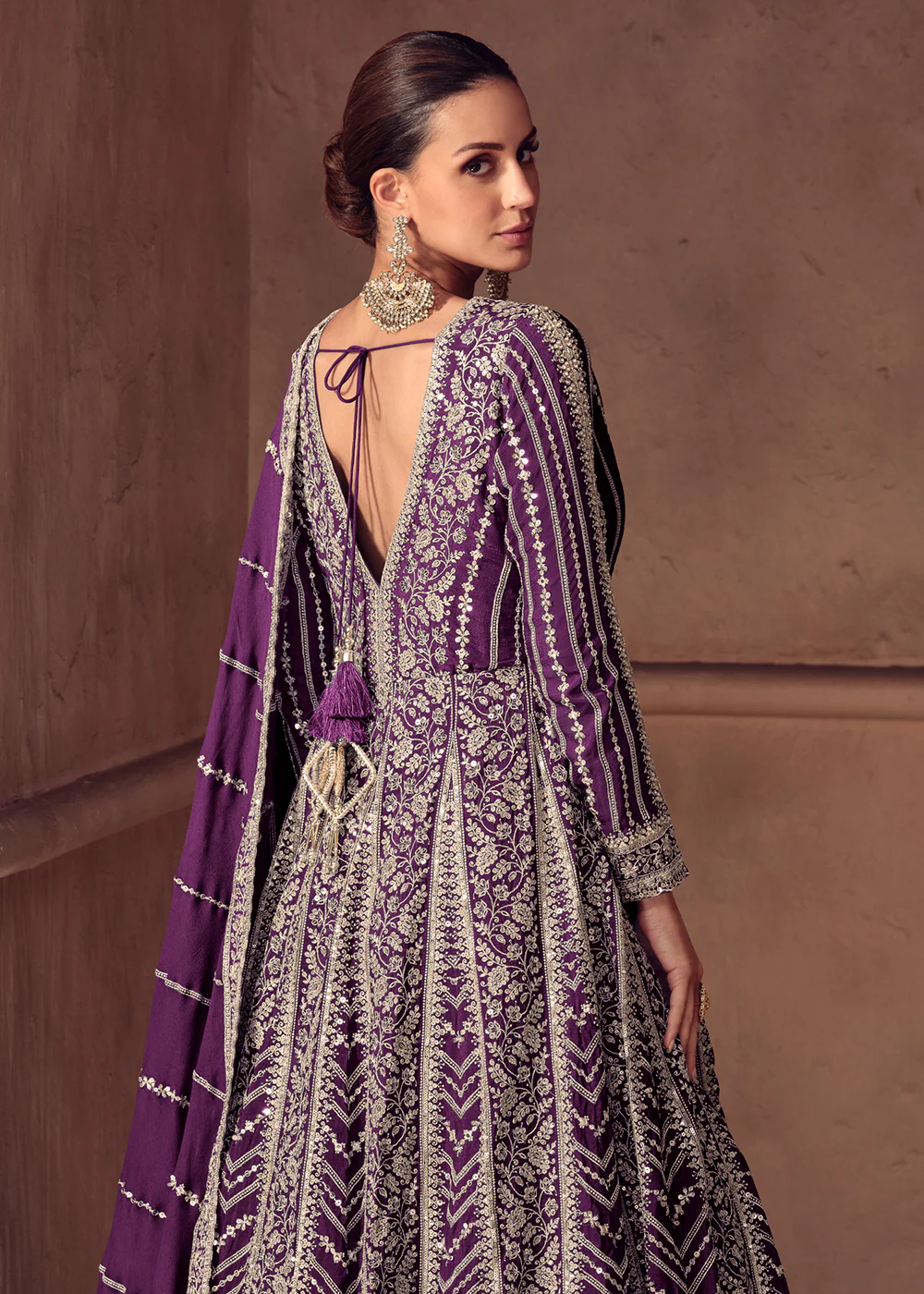 Plum Purple Chinnon Wedding Style Anarkali Gown - Image 3