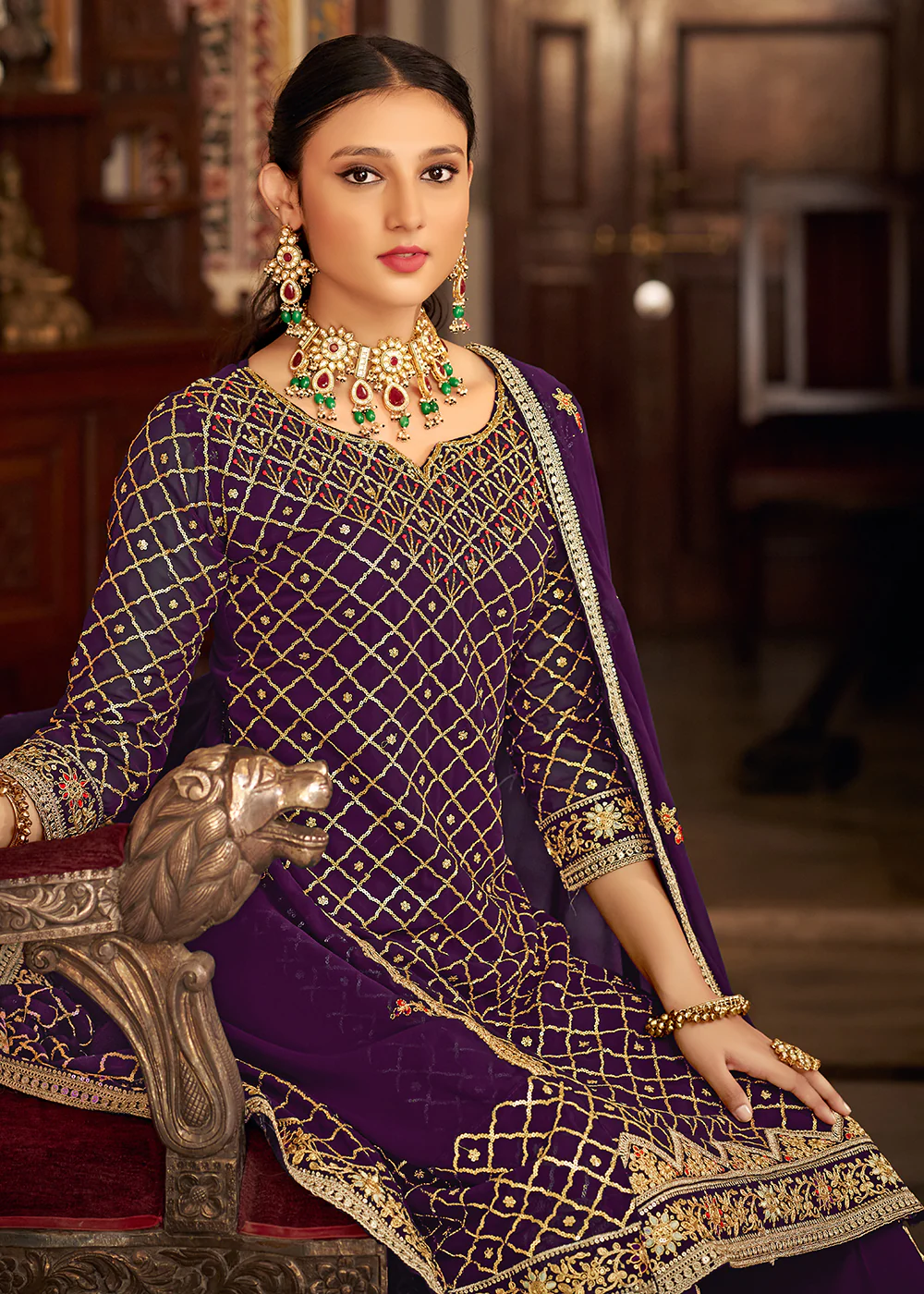 Plum Purple Embroidered Designer Festive Palazzo Suit - Image 3