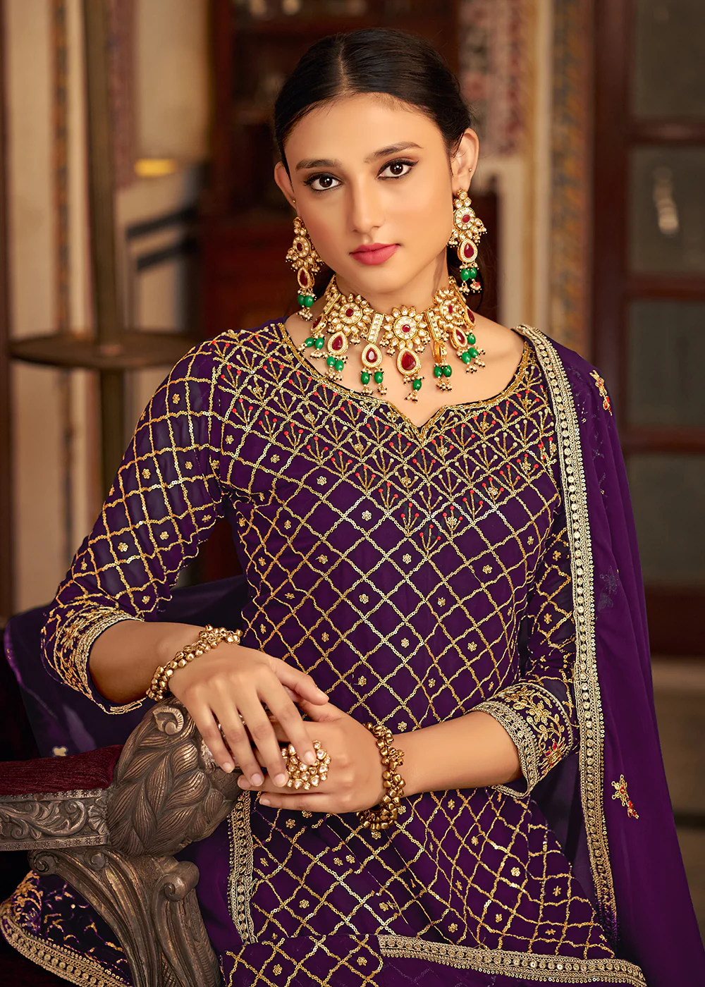 Plum Purple Embroidered Designer Festive Palazzo Suit - Image 4
