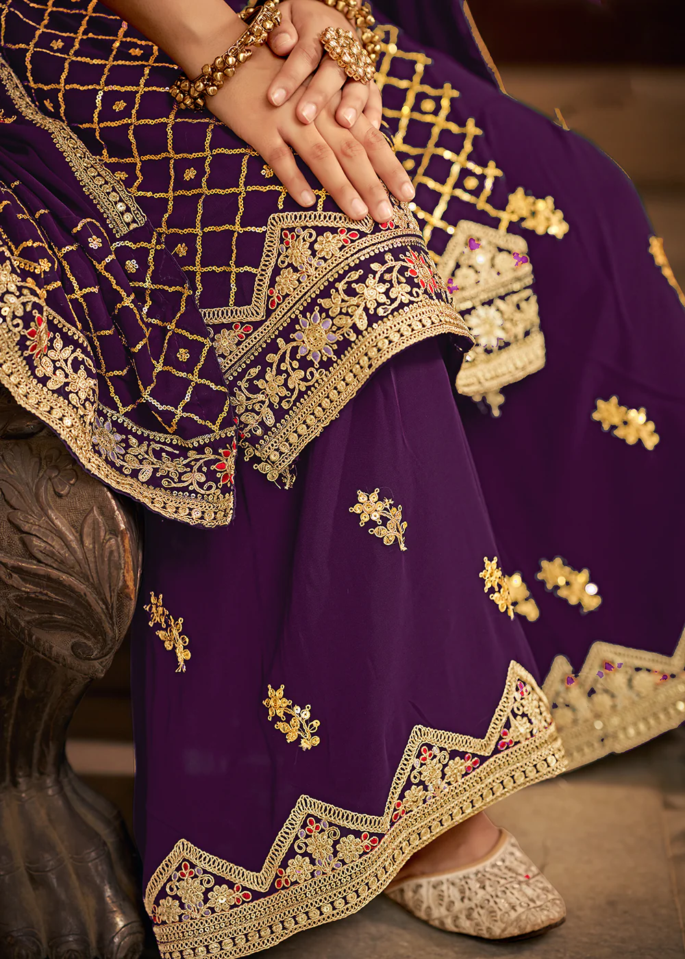 Plum Purple Embroidered Designer Festive Palazzo Suit - Image 5