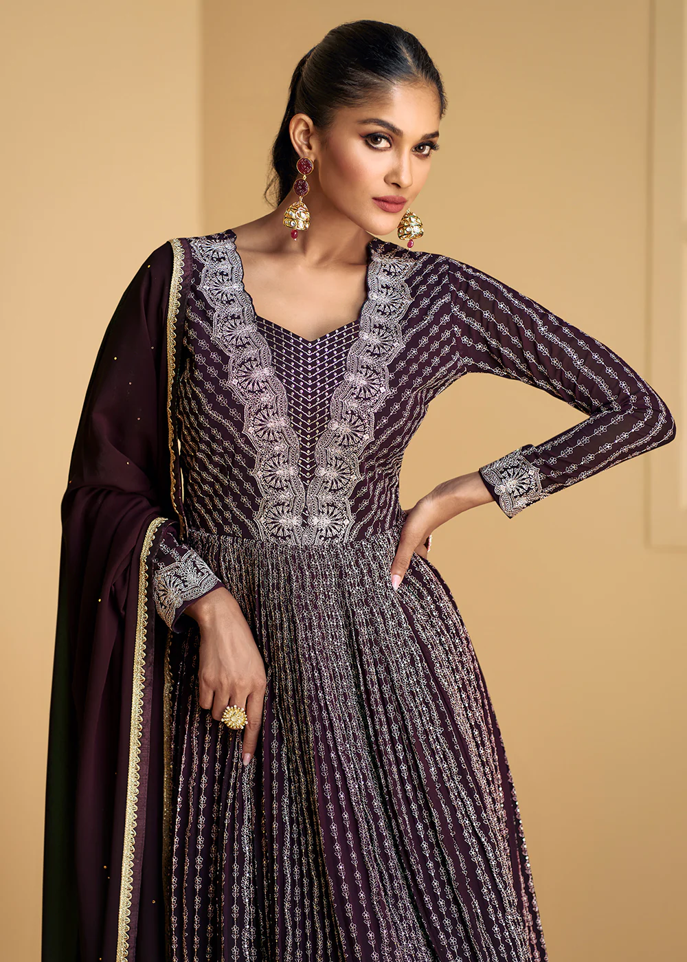Plum Purple Embroidered Wedding Style Anarkali Suit - Image 2