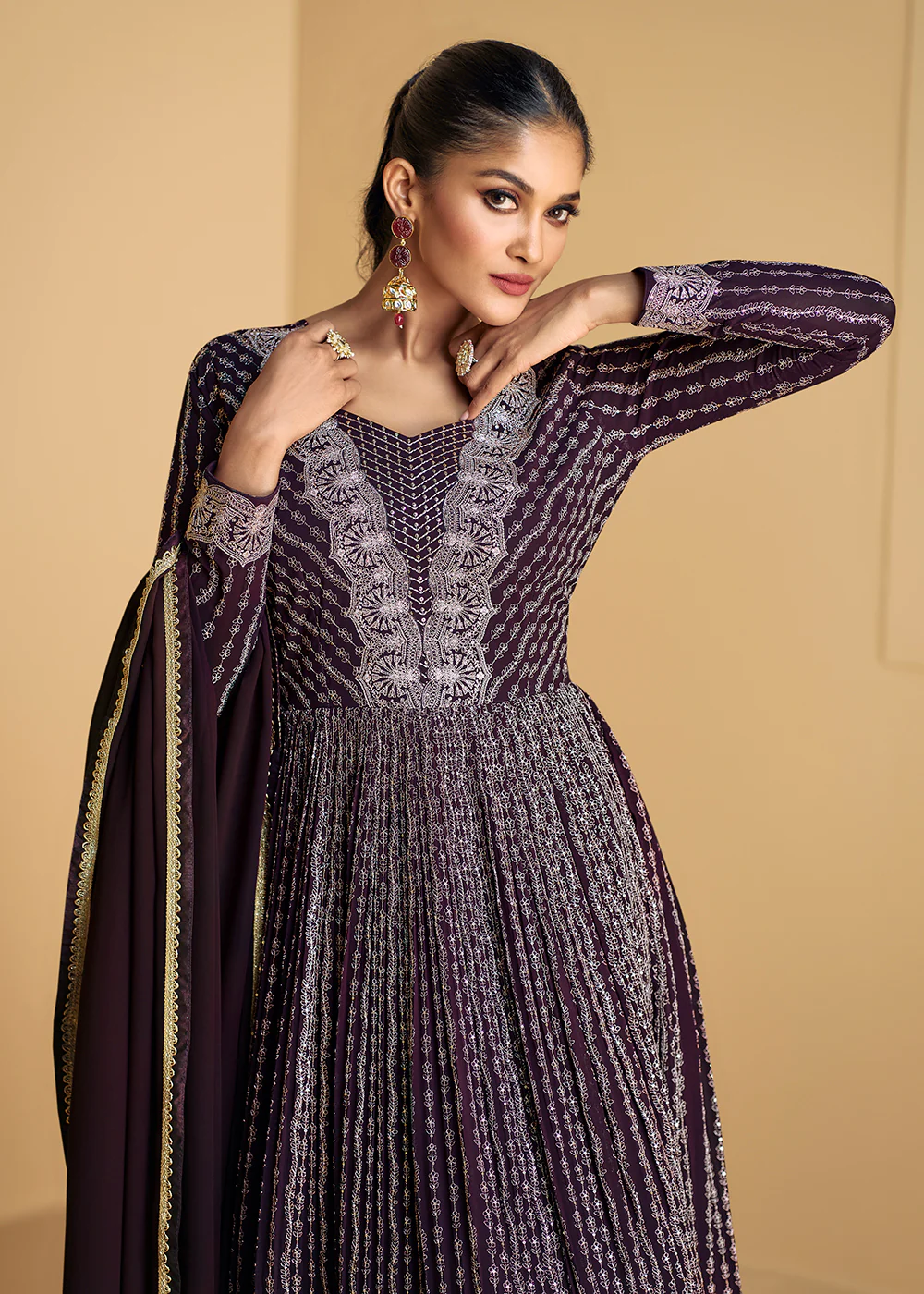 Plum Purple Embroidered Wedding Style Anarkali Suit - Image 4