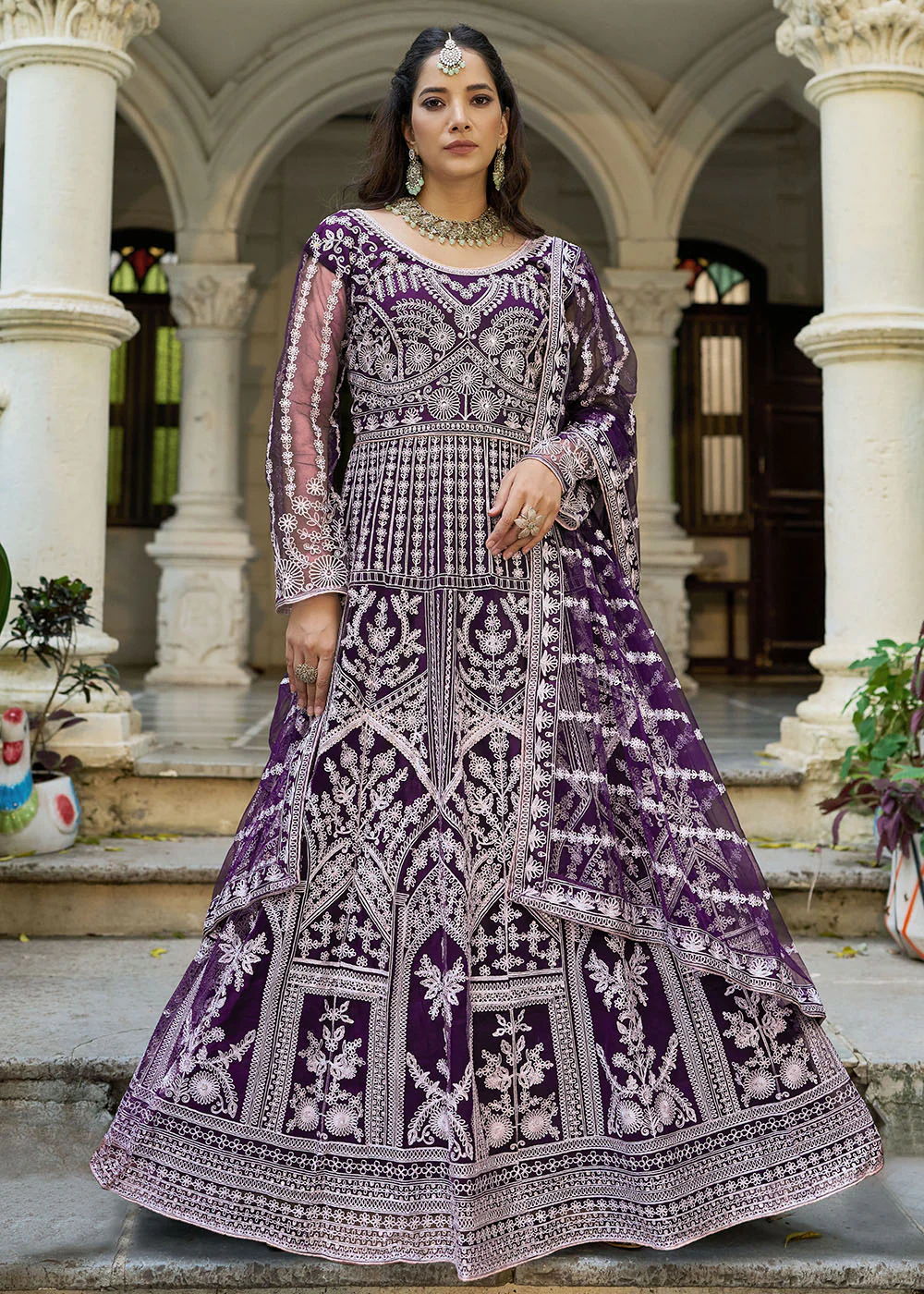 Plum Purple Front & Back Diamond Work Wedding Anarkali Suit