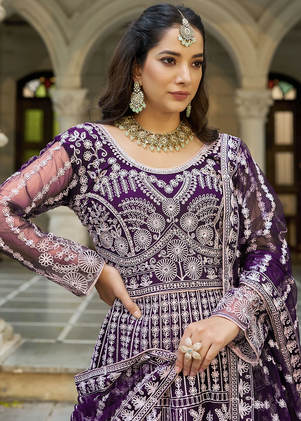Plum Purple Front & Back Diamond Work Wedding Anarkali Suit - Image 2