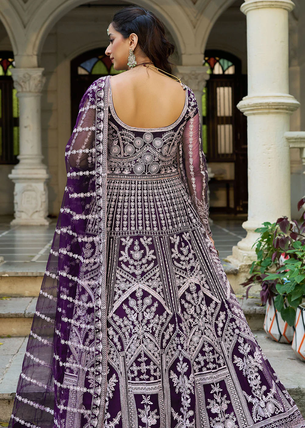 Plum Purple Front & Back Diamond Work Wedding Anarkali Suit - Image 3