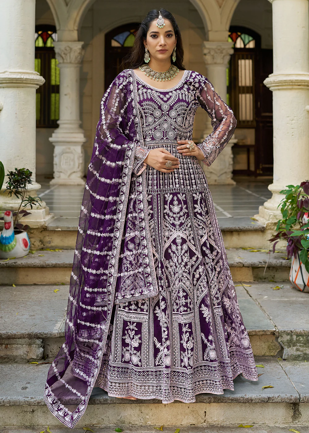 Plum Purple Front & Back Diamond Work Wedding Anarkali Suit - Image 4