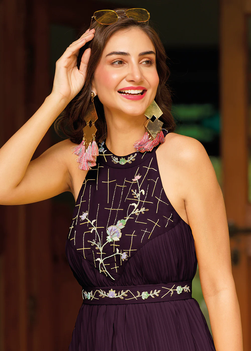 Plum Purple Georgette Embellished Indo Western Maxi Gown - Image 2