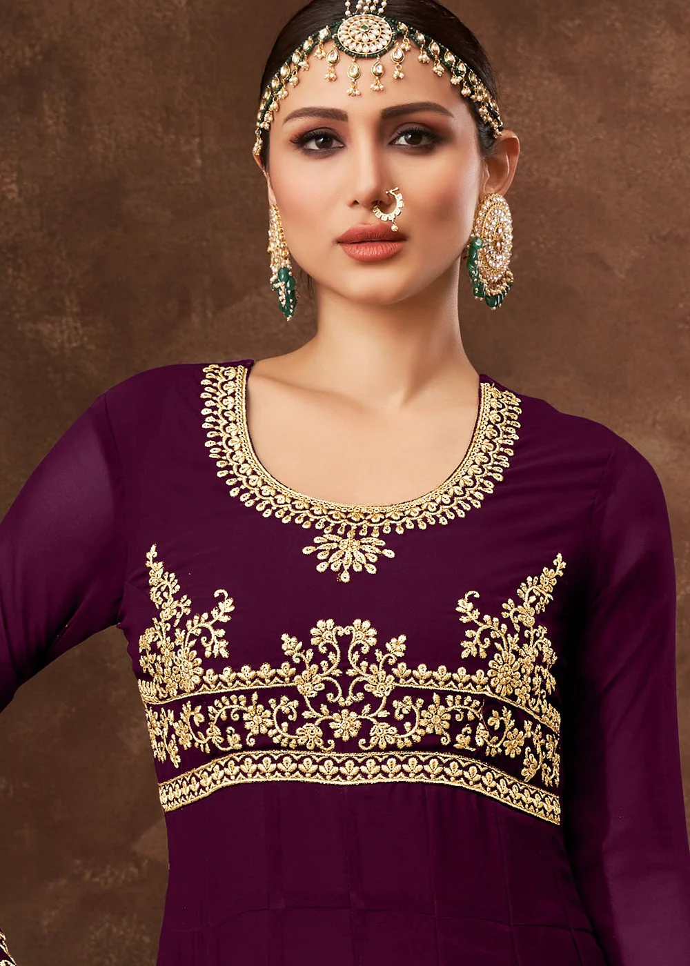 Plum Purple Ghera Detailed Embroidered Designer Anarkali - Image 2