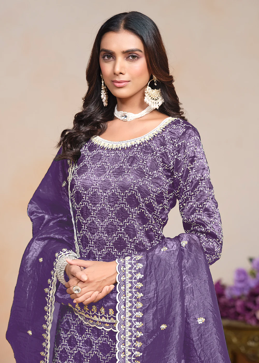 Plum Purple Gold Crushed Embroidered Palazzo Suit - Image 2