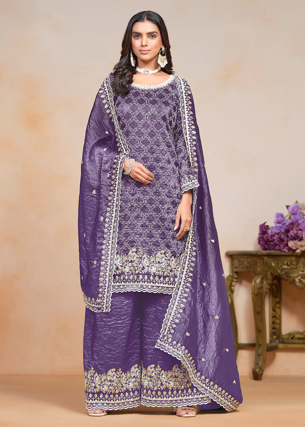 Plum Purple Gold Crushed Embroidered Palazzo Suit - Image 3