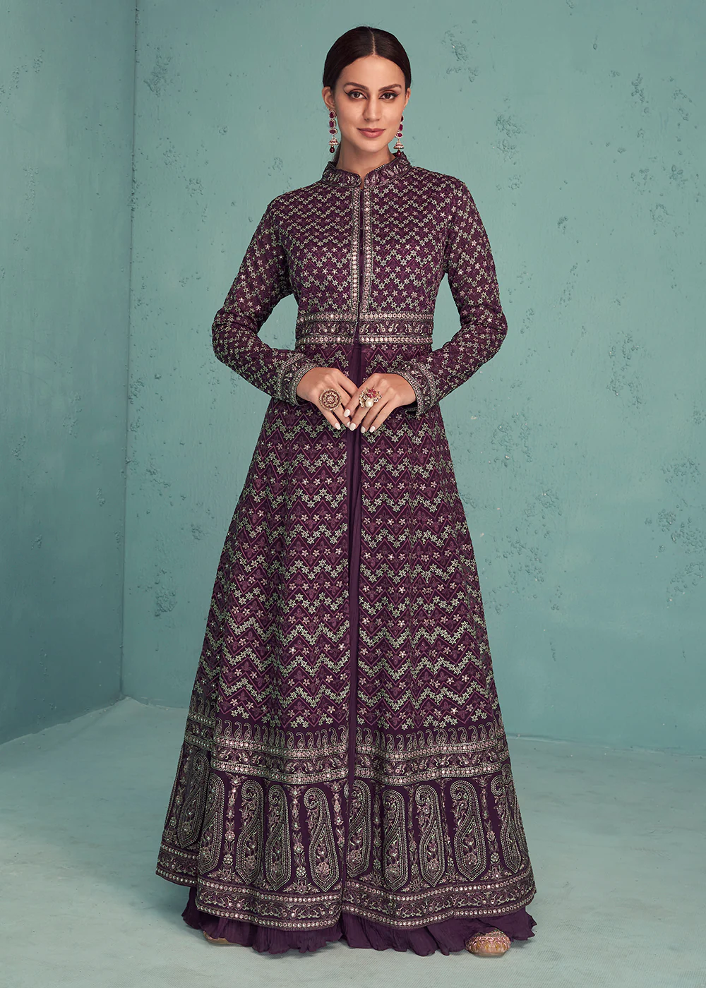 Plum Purple Indo-Western Anarkali Style Georgette Skirt Dress