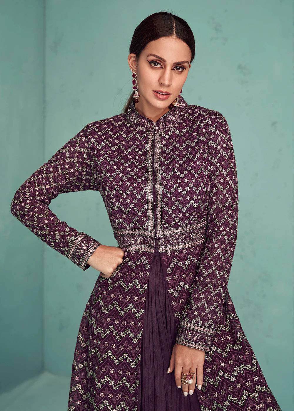 Plum Purple Indo-Western Anarkali Style Georgette Skirt Dress - Image 2