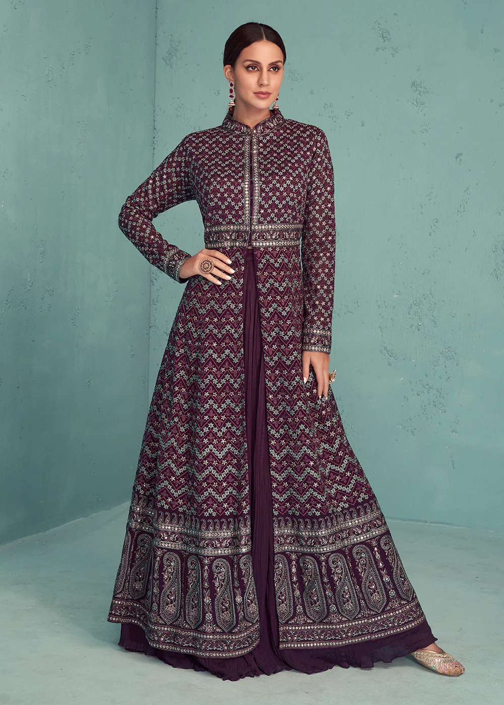 Plum Purple Indo-Western Anarkali Style Georgette Skirt Dress - Image 3