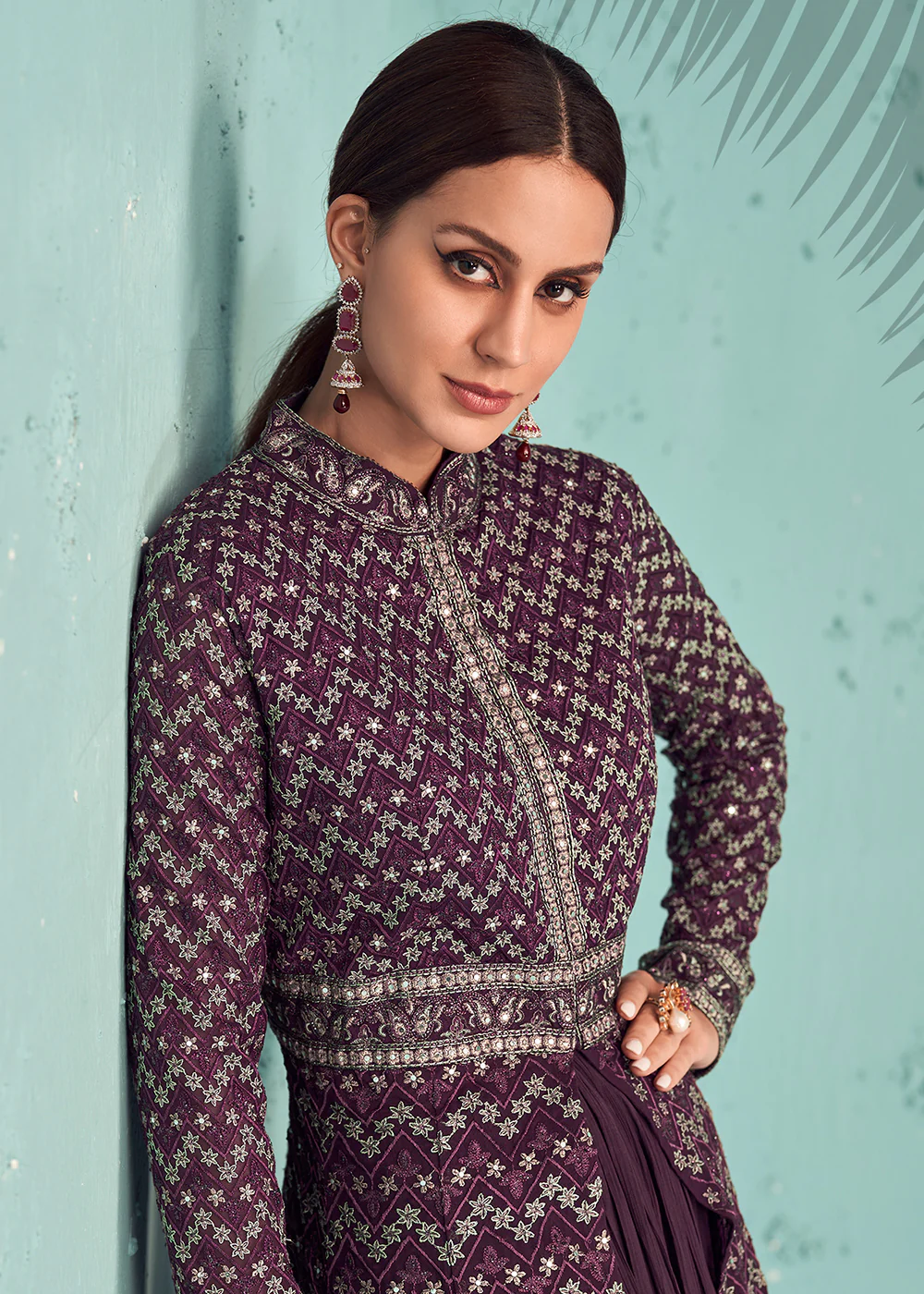 Plum Purple Indo-Western Anarkali Style Georgette Skirt Dress - Image 4