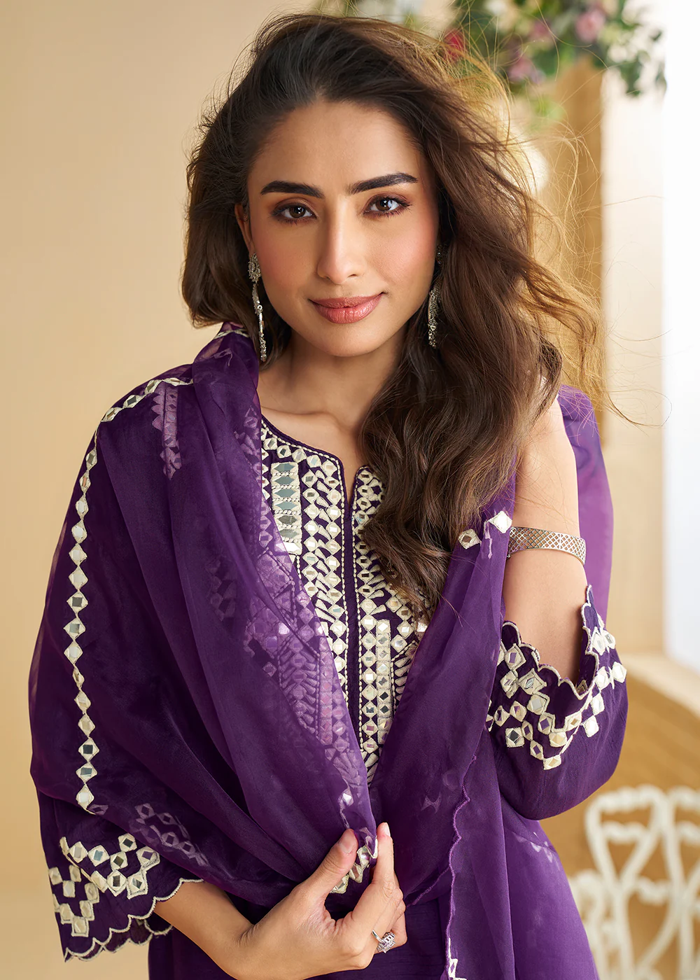 Plum Purple Mirror & Embroidered Palazzo Suit - Image 2