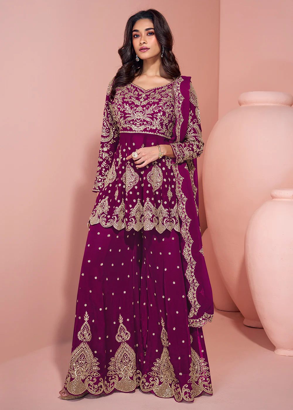 Plum Purple Palazzo Style Embroidered Festive Style Suit