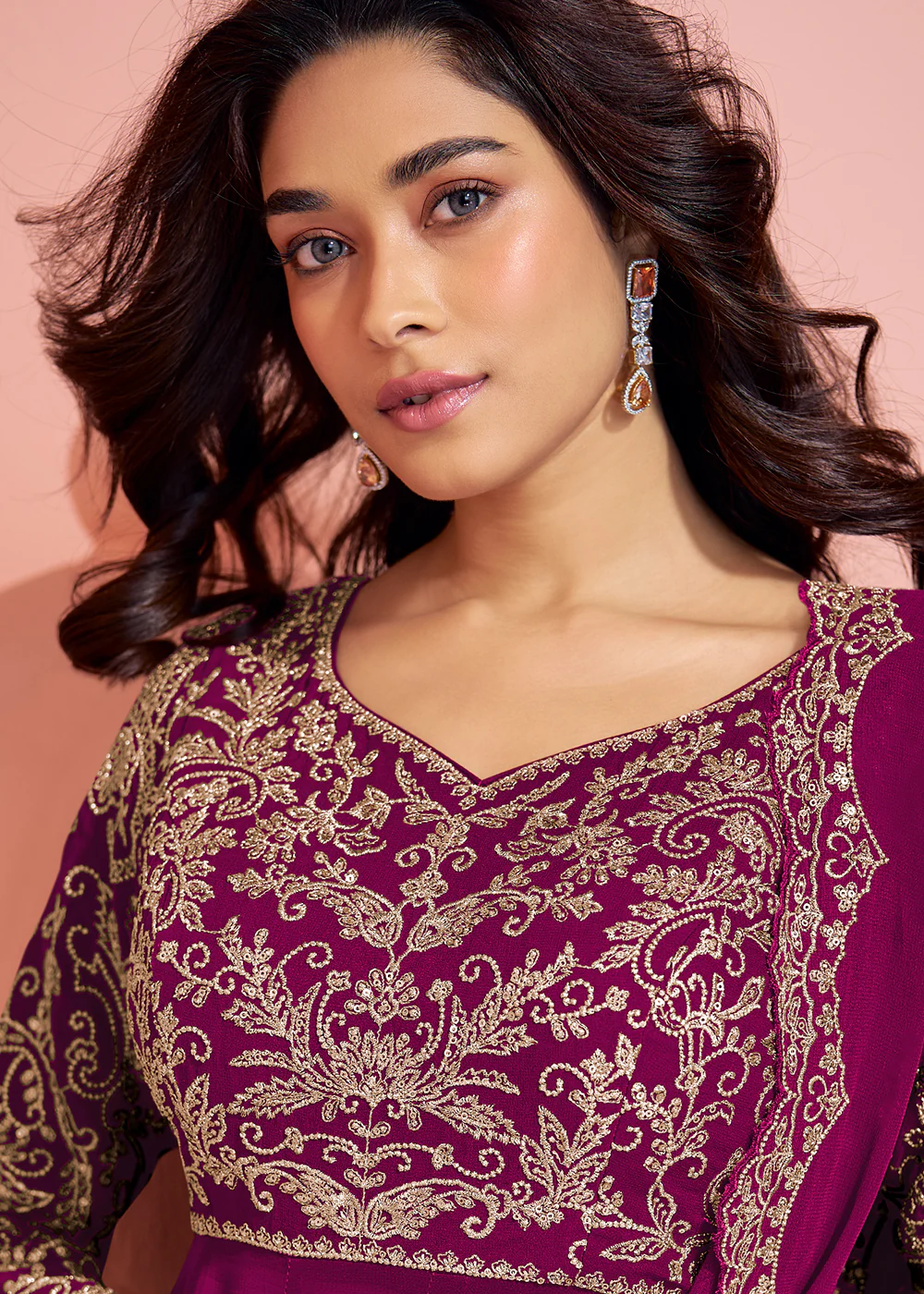 Plum Purple Palazzo Style Embroidered Festive Style Suit - Image 2