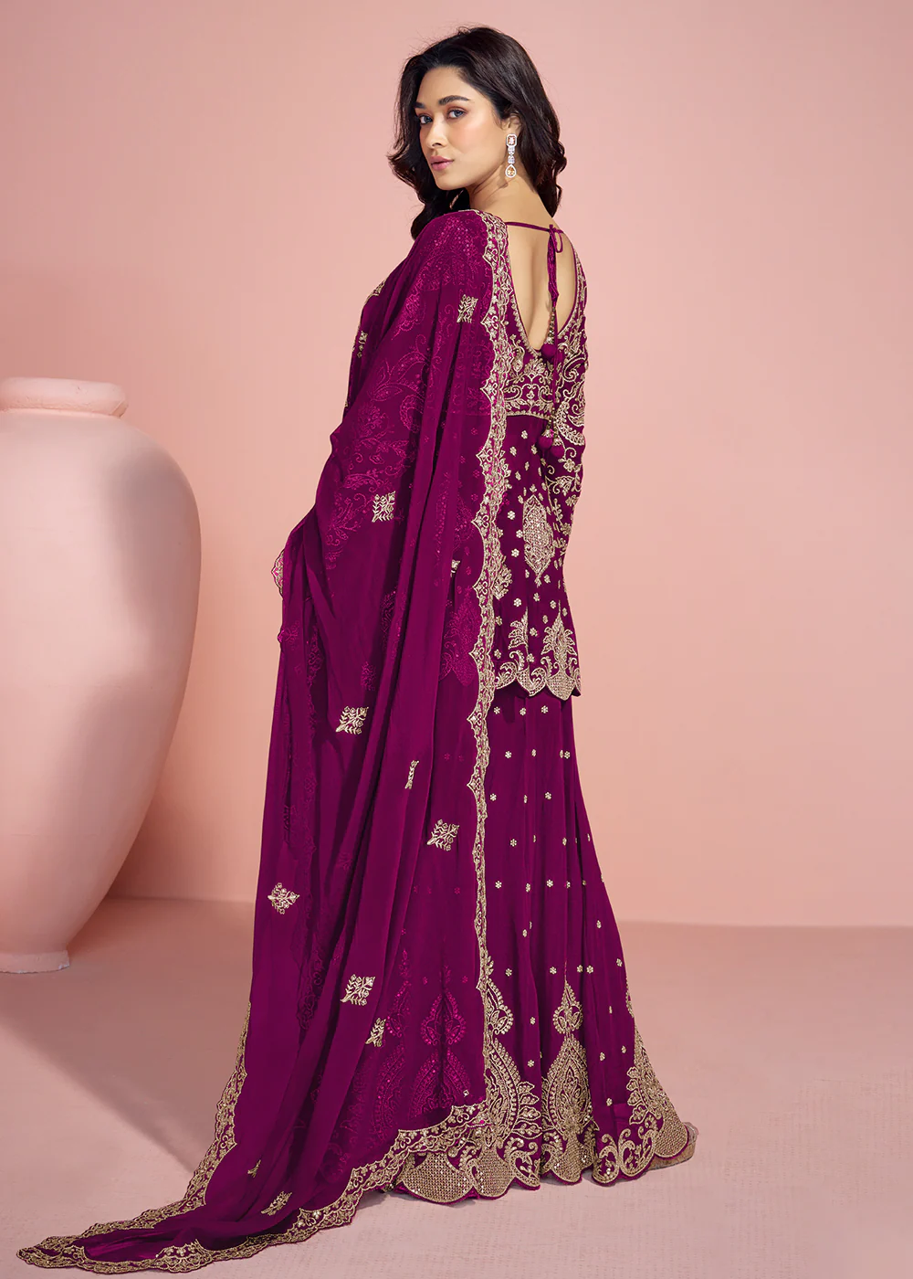 Plum Purple Palazzo Style Embroidered Festive Style Suit - Image 3