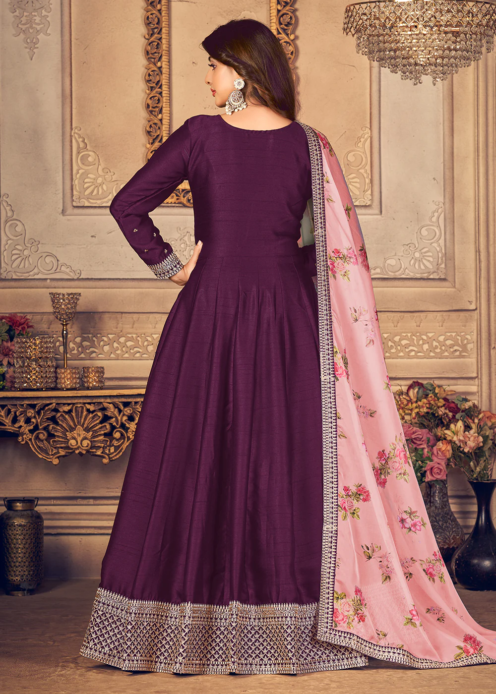 Plum Purple Silk Beautifully Embroidered Floor Length Anarkali - Image 4