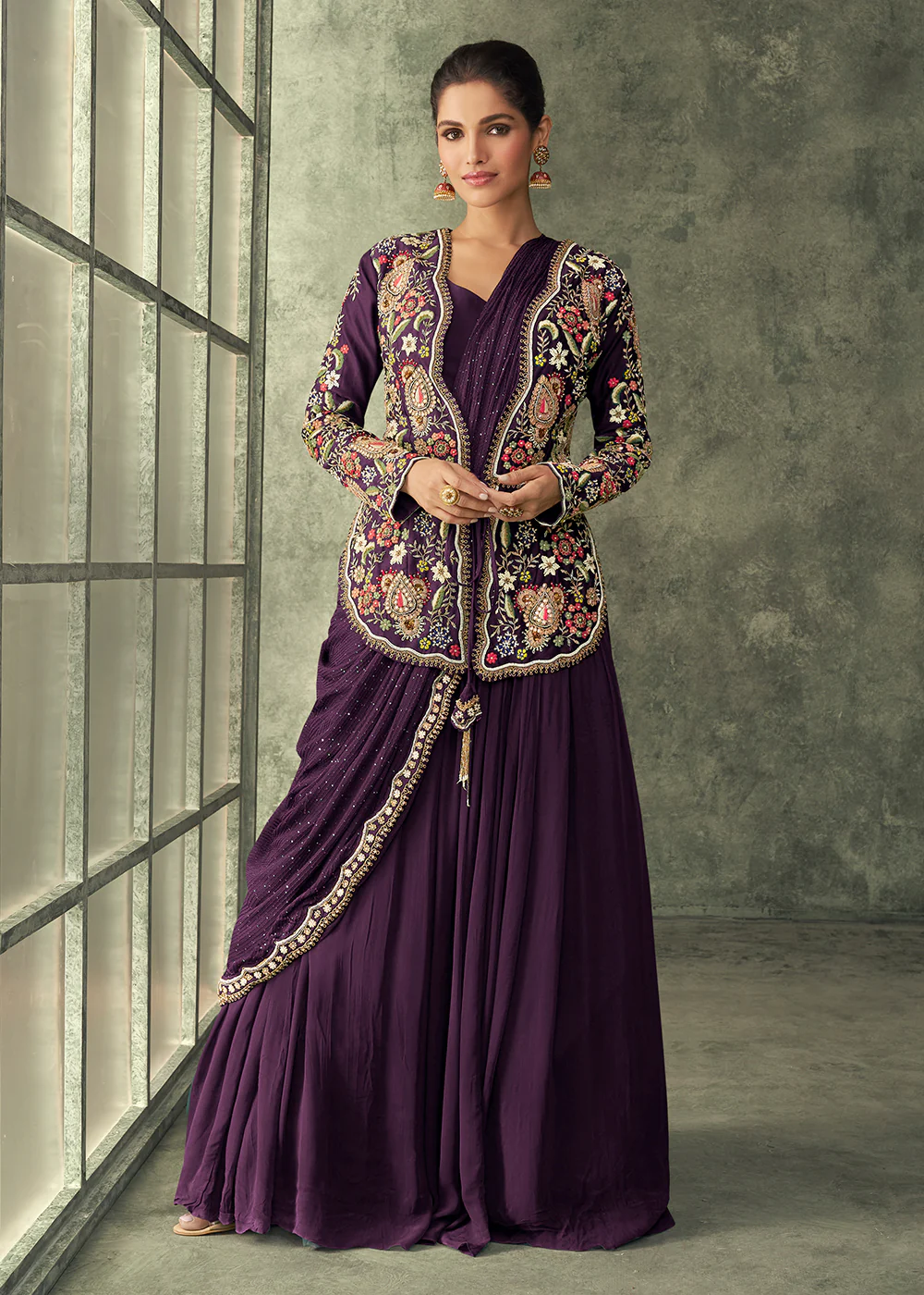 Plum Purple Silk Embroidered Designer Gown with Jacket