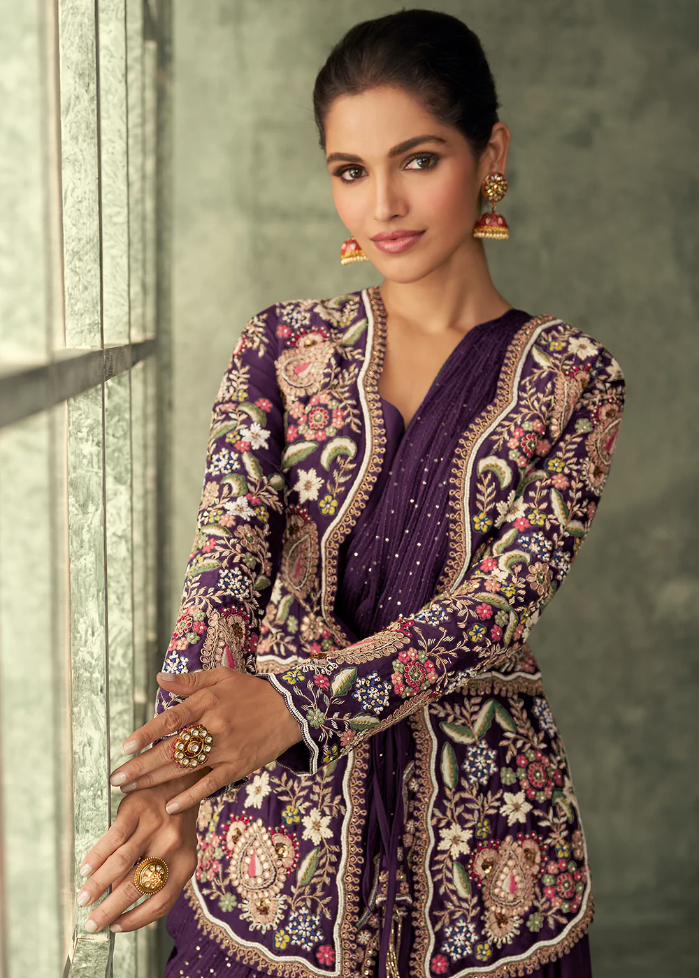 Plum Purple Silk Embroidered Designer Gown with Jacket - Image 2
