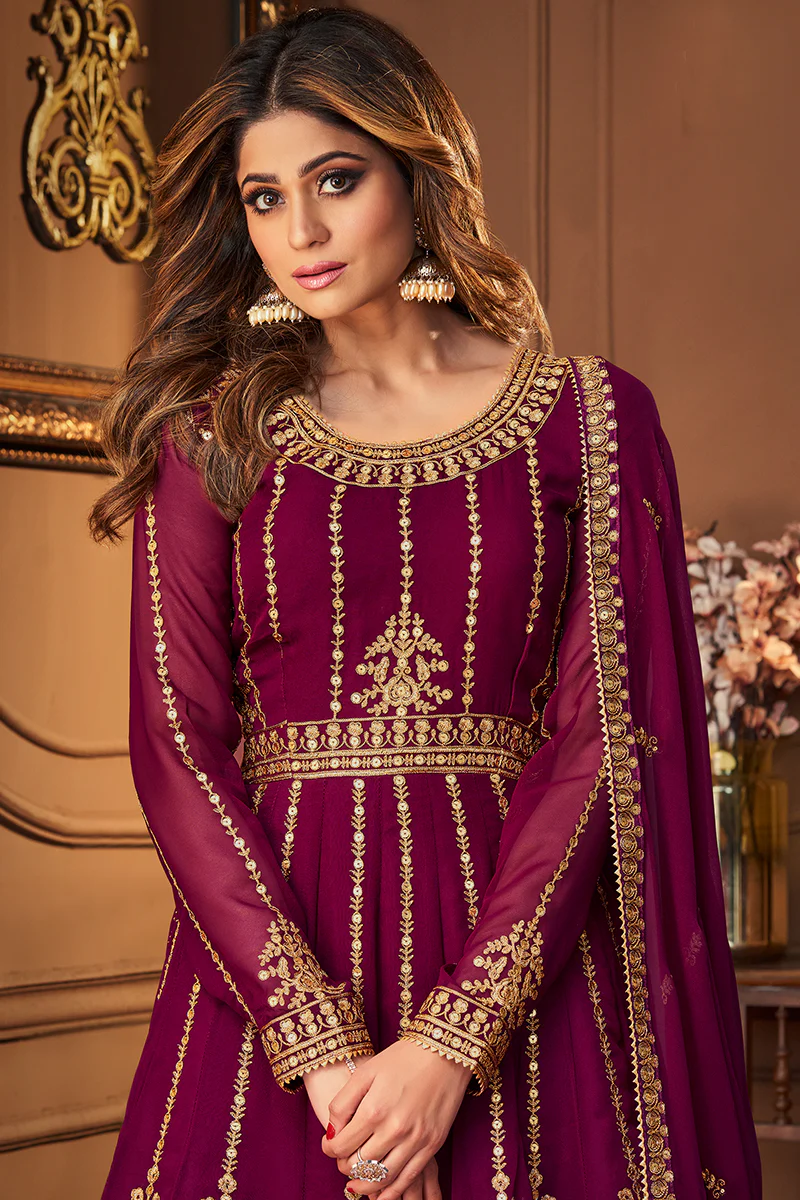 Plum Purple Skirt Style Embroidered Georgette Lehenga Suit - Image 2