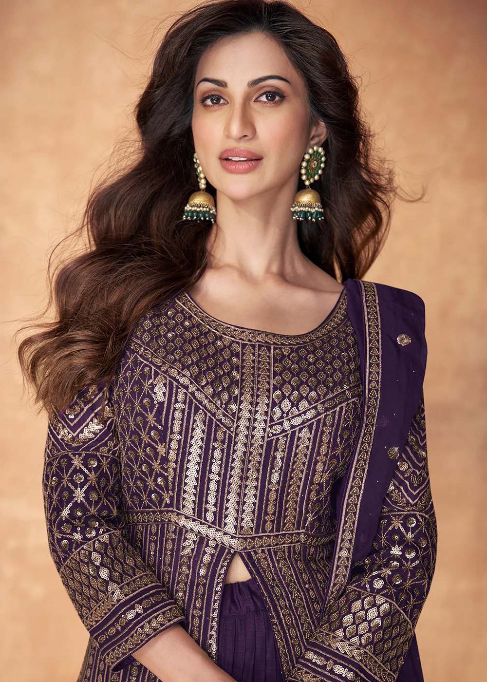 Plum Purple Skirt Style Embroidered Wedding Anarkali Suit - Image 2