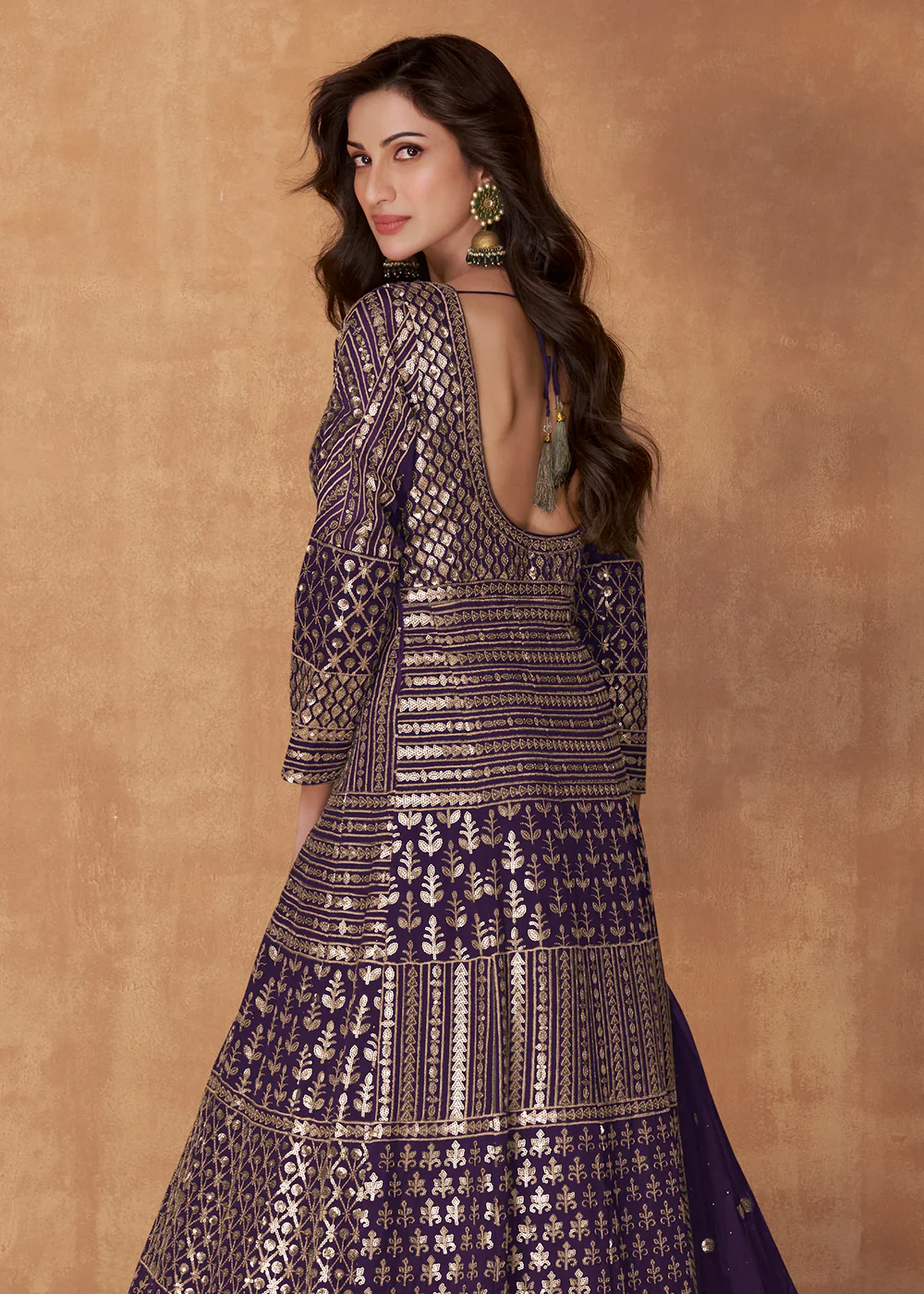 Plum Purple Skirt Style Embroidered Wedding Anarkali Suit - Image 3
